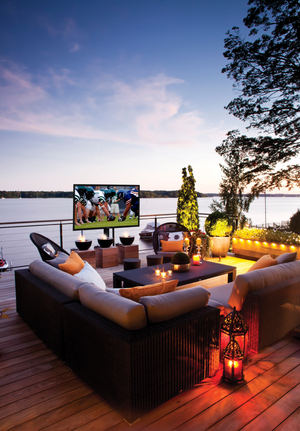 Outdoor living with outdoors Sunbrite Tv and led lighting.
